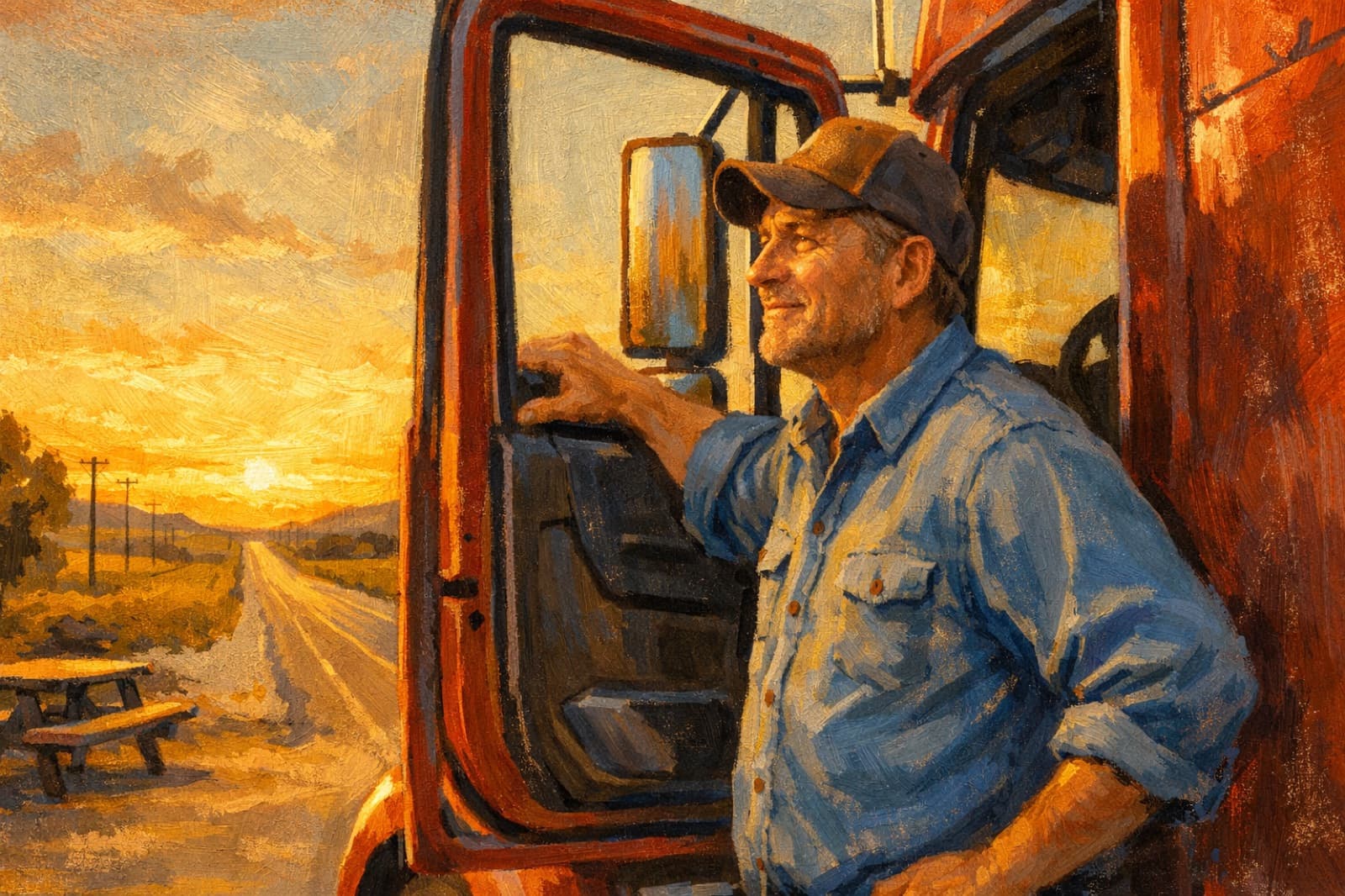 Painterly illustration of a truck driver standing at the open door of his cab at sunset, looking out over an open highway
