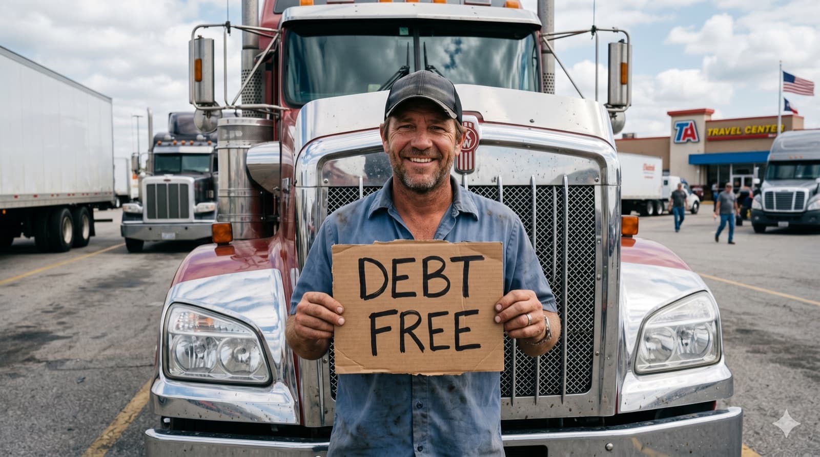 Truck driver standing in front of his rig at a travel center holding a hand-written cardboard sign that reads DEBT FREE